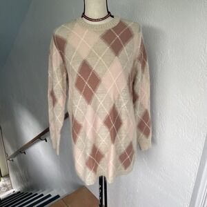 Vintage GISPA Italian Mohair Wool Beige Pink Argyle Style Cuff Sleeves Sweater L